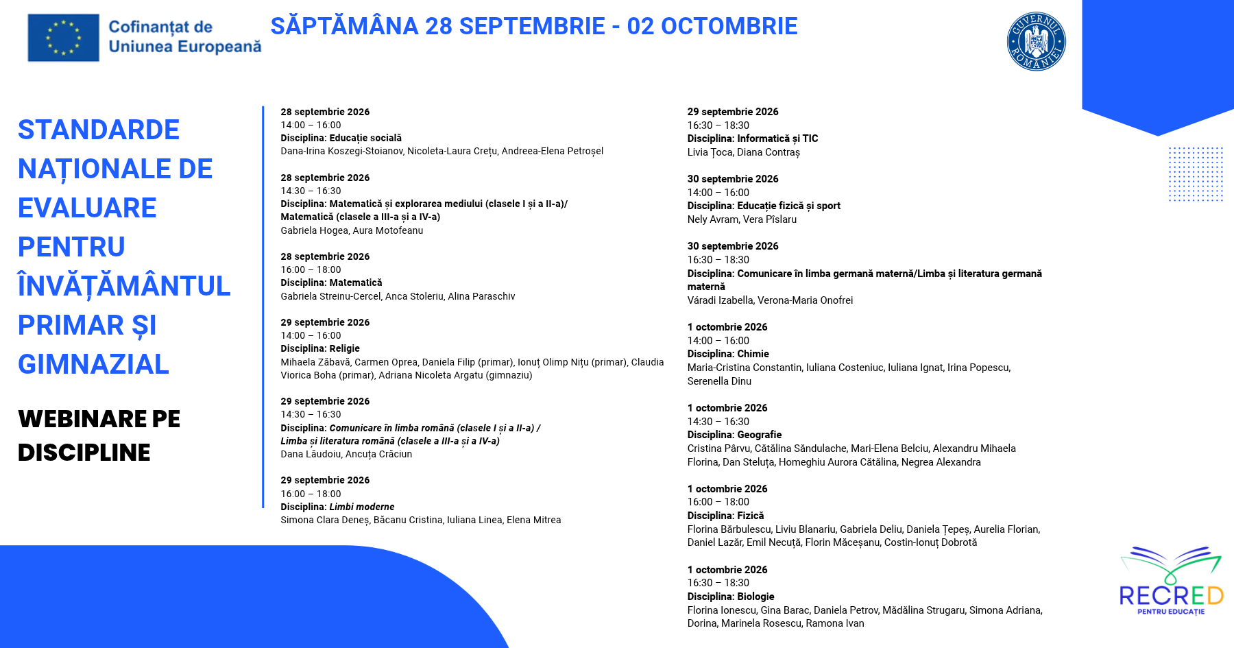 Webinare RECRED despre standardele naționale de evaluare: programul și înscrierea pentru săptămâna 28 septembrie – 2 octombrie 2026